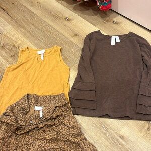 Size 10 yellow top, brown size 14/ shorts size 12